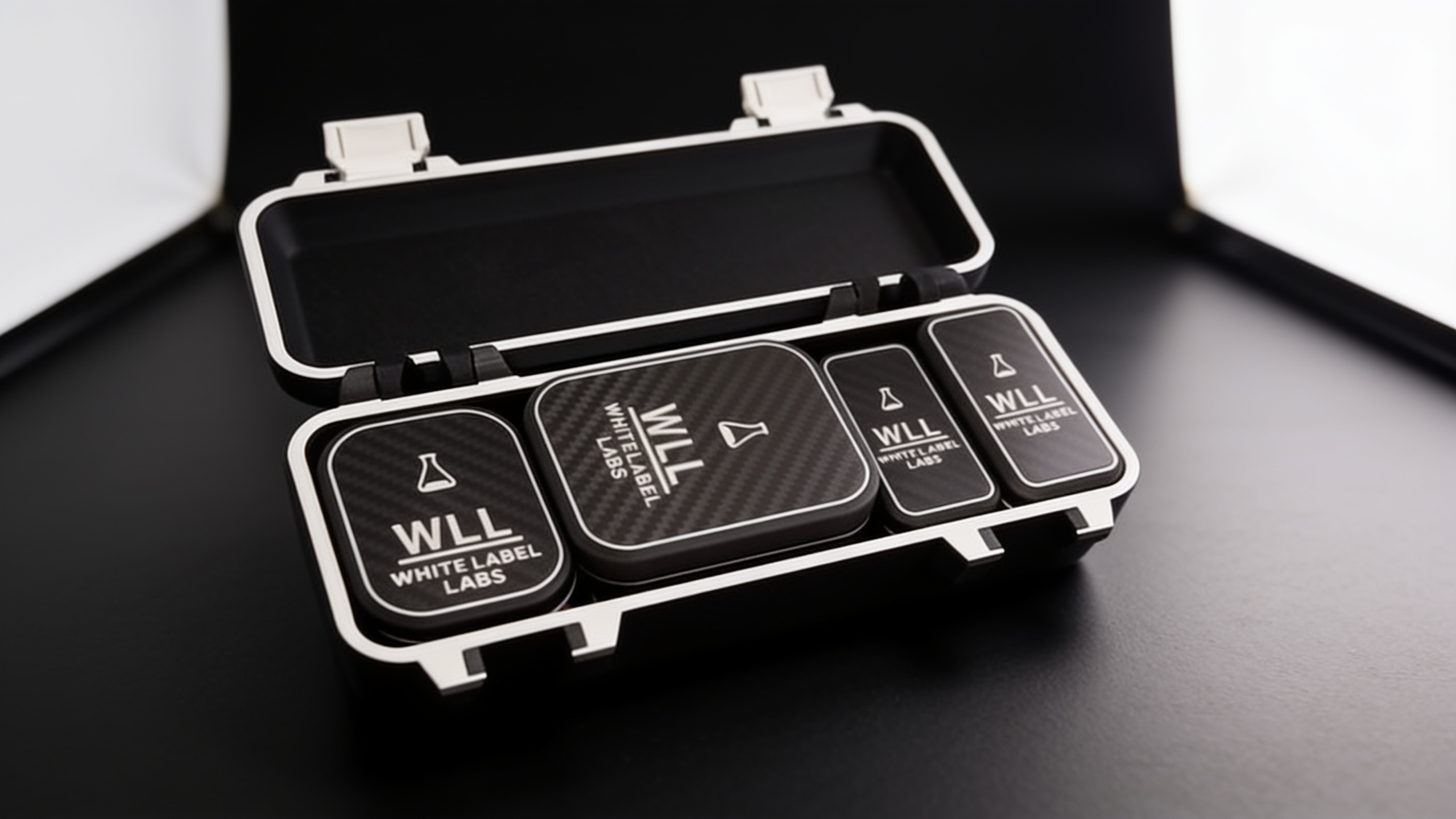 WLL-branded cases in an open display case